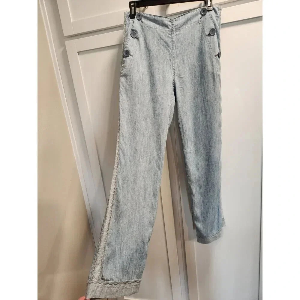 Trina Turk Duran Chambray Denim Button Sailor Wide Leg Pants with Tuxedo Stripe